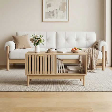 Table Basse 80x50cm - Design Mid-Century Moderne - Panneaux Verticaux Canelés - Avec 1 Tiroir et Étagères Ouvertes - Chêne (1/5)