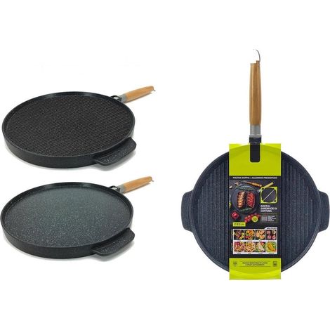 TrAdE Shop Traesio - Padella Piastra Bistecchiera Doppia Tonda 2 In 1 Antiaderente In Alluminio Legno ø32cm - (1/5)