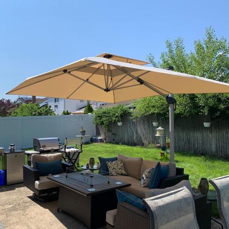 PURPLE LEAF parasol déporté Rectangulaire 3,65 × 2,7 m, rotation 360°, double toit ventilé, poignée en aluminium moulé, pour jardin, cour et piscine, beige (1/5)