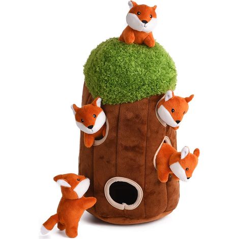 Juguetes interactivos para perros con sonido, juguete de zorro para perros, madriguera de amigos del bosque rellena, juguetes de peluche con sonido para perros pequeños, medianos y grandes, tamaño peq
