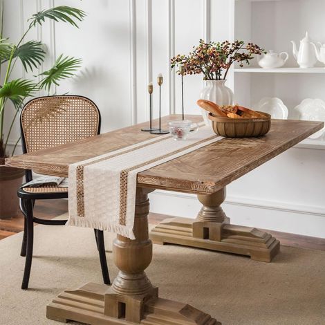Camino de mesa de estilo bohemio con estampado geométrico, textura tejida y bordes con flecos, ideal para mesas de comedor, cocinas o consolas de estilo rústico (30 x 160 cm, blanco). (1/3)