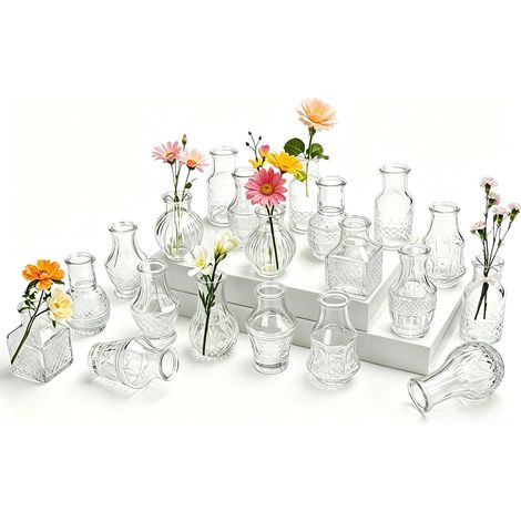 Petit Vase en Verre,Lot de 20 Vases en Verre Vintage Mini Vase Deko Set Différentes Décorations de Mariage Transparent Tailles Vasen de Fleurs (1/5)