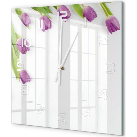 Grande Horloge Murale Carrée Originale en Verre Silencieuse Design Moderne Salon Tulipes violettes 60x60 cm (1/5)