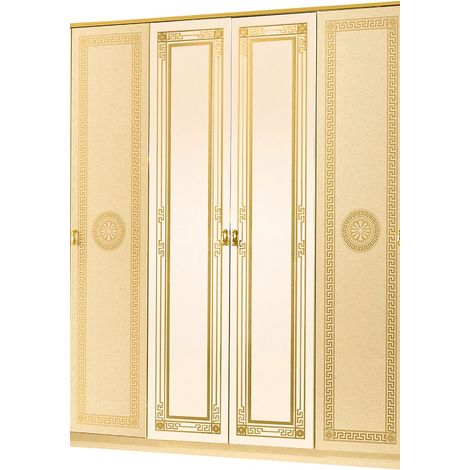 Armoire de chambre 4 portes 2 avec miroirs laqué beige et doré Savana 181cm (1/4)