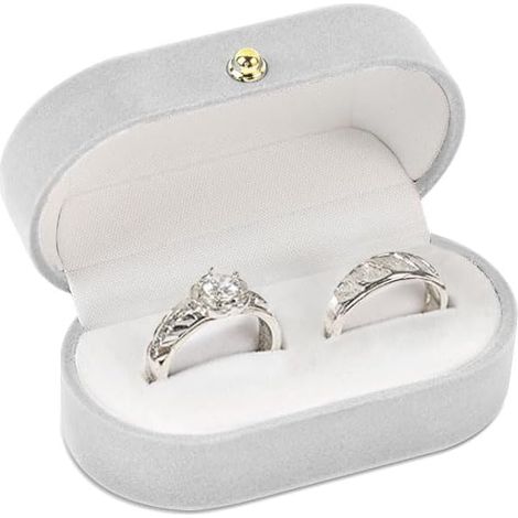Boîte Double Anneaux en Velours pour Cérémonie de Mariage - Présentoir pour Alliance et Fiançailles - Coffret Organisateur de Bijoux pour Voyage et Anniversaire (Gris) (1/5)