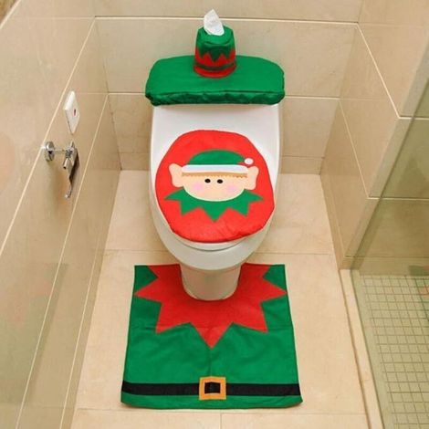 3 pièces Couverture de Siège de Toilette de Noël Décorations Noël Housse pour abattant de WC pour réservoir et Tapis de Salle de Bain Set de décoration,décoration de fête(Elfe de Noël) (1/4)