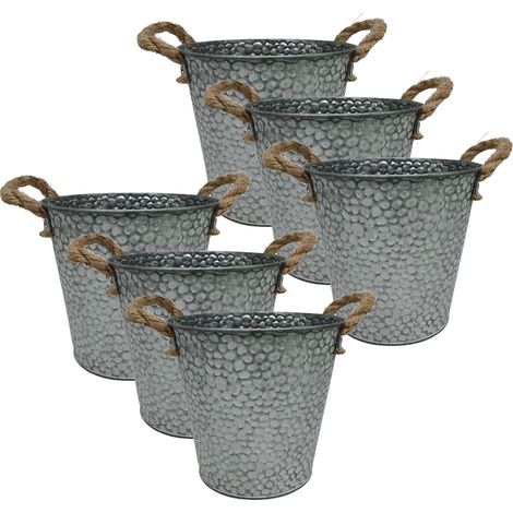 Relaxdays Blumentopf Set, 6 Übertöpfe, gehämmerter Look, H x D: 16 x 15 cm, Kräutertopf mit Henkel, Eisen & Jute, silber