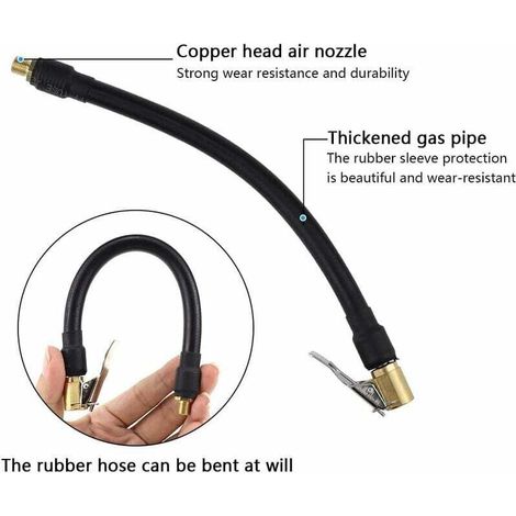 Tubo flessibile per gonfiaggio pneumatici da 20 cm, di colore nero, con 2 pompe di gonfiaggio e adattatori per il gonfiaggio di pneumatici auto. (1/4)