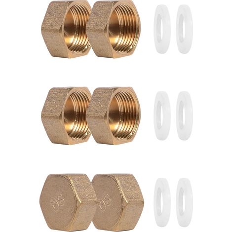 Lot de 6 bouchons de tuyau 3/4", bouchon en laiton, dispositif anti-écoulement, bouchon borgne, filetage interne, avec lot de rondelles de tuyau pour le raccordement des tuyaux. (1/5)