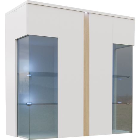 Buffet Florem III, Blanc + Blanc brillant + Clair bois, 110x92cm, Le nombre de portes: 240cm, Stratifié, Verre, LED: Disponible