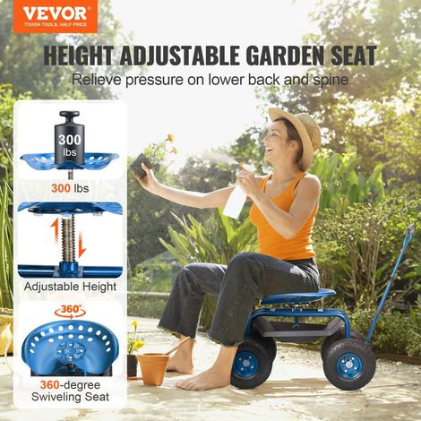 Siège de Jardin Roulant Pivotant à 360° Tabouret de Jardinage sur Roues Gonflables 25,4 cm Chariot avec Siège 760x450x960 mm Poignée Extensible Plateau à Outils pour Terrasse Cour Extérieur Bleu (1/5)