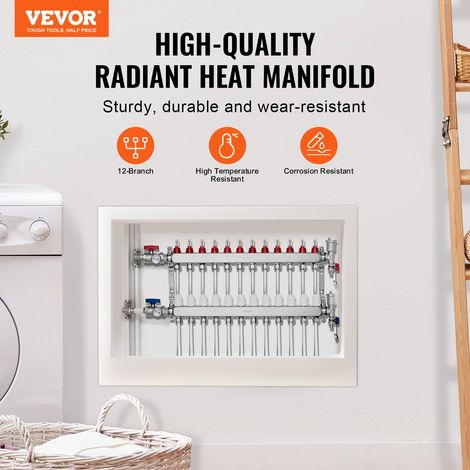 Collecteur de Chauffage Radiant 12 Branches, Kit Collecteur Tubes PEX 1,27 cm en Acier Inoxydable, avec Adaptateurs 1,27 cm, Access… (1/5)