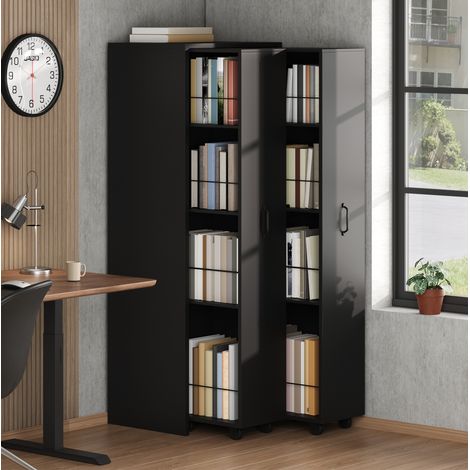Libreria estensibile a 4 ripiani su rotelle, in MDF nero, ideale per riporre oggetti in soggiorno, cucina e bagno (1/5)