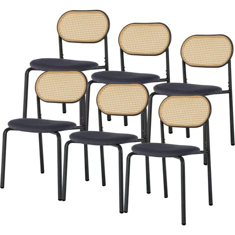 6er-Set Esszimmerstühle, mit geflochtener Rattan-Rückenlehne, ergonomisches Design, gepolsterter Sitz, verstellbare Füße, für Esszimmer und Wohnzimmer, Schwarz