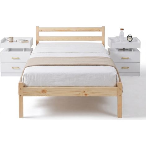 FurnitureR Schlafzimmer Set Einzelbett Holz 90×190 cm Bettgestell mit Lattenrost und 2 Nachttischen USB Steckdose LED Beleuchtung Stauraum modernes Möbel Naturholz
