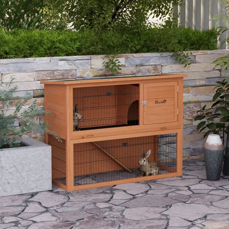 Clapier à lapin en bois 2 étages avec 3 portes plateau coulissant rampe toit bitumé 120 x 50 x 92 cm orange