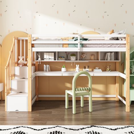 Cama alta infantil (90x200 cm), con escritorio integrado, escalera con almacenamiento, madera maciza y MDF blanco y roble (1/5)