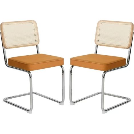 Lot de 2 chaises de salle à manger en velours et rotin avec pieds chromés orange (1/5)