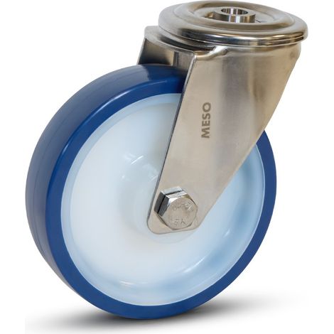 Roulette pivotante - MESO - PU bleu inox - Trou taraudé - 125mm - 220kg (1/2)