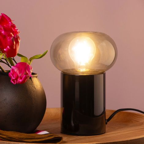Lampe de table brillante Knut avec verre fumé, hauteur 22 cm, E27, noir mat (1/5)