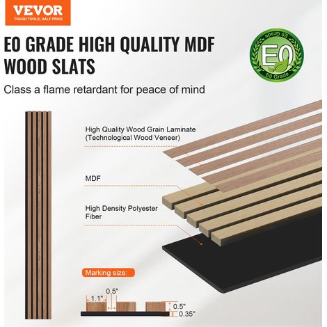 Panneaux acoustiques à lattes en bois, 2400 x 200 mm, lamelles acoustiques en MDF pour mur intérieur moderne, panneaux muraux en fa… (1/5)