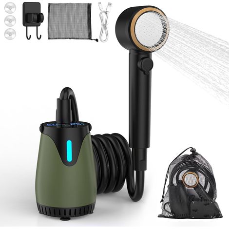 Kit Douche de Camping Portable, Pompe de Douche Électrique 8000mAh Rechargeable, Imperméable, 4 Modes 5 Vitesses Réglables, Camping Douche pour Extérieure Randonnée Plage Animaux (1/5)