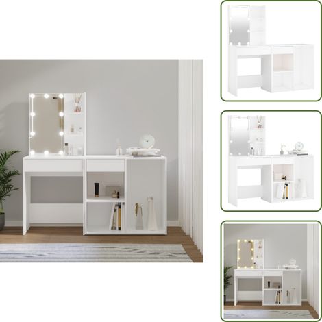 Coiffeuse à LED avec armoire Blanc Bois d'ingénierie - Coiffeuse Led - Coiffeuse Avec Miroir - Table De Maquillage - Meuble Salle De Bain - Rangement Maquillage