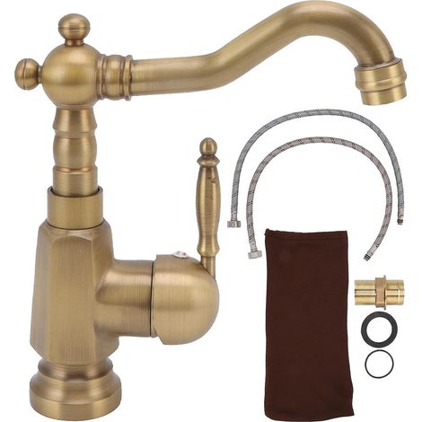 Robinet de lavabo en laiton antique, mitigeur de salle de bain, robinet réglable en hauteur avec poignée unique et flexibles pour la maison (1/5)