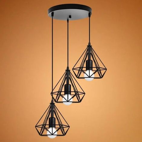 Suspension Industrielle de disque de 3 Luminaire, Lustre Abat-Jour Cage forme Diamant Métal E27, Noir (1/4)