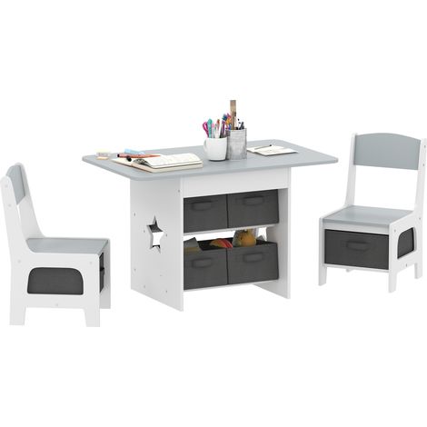 Set Tavolo e Sedie per Bambini 3-8 Anni con 6 Cassetti e Bordi Arrotondati, in Legno e Tessuto, Grigio e Bianco