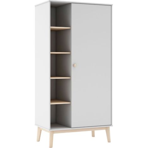 Penderie 1 porte et 5 niches en pin massif et MDF laqué blanc et naturel - KAINA (1/5)