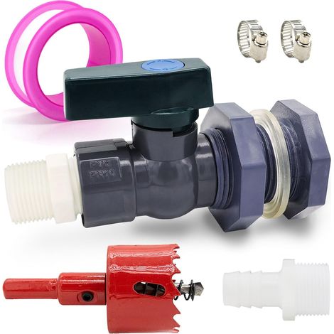 PVC Water Tank Connector Rain Garden Barrel Tap with Bulkhead Fitting, Hose Adapter (25mm+16mm), Hole Saw, Ball Valve (1/5)