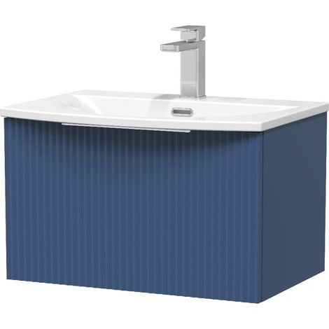 Hudson Reed Fluted Satin Blue 600mm Wall Hung Single Drawer Vanity Unit and Curved Ceramic Basin - DFF394G (1/2)