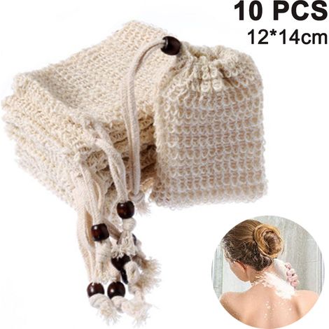 Lot de 10 sacs à savon, parfaits pour récupérer les restes de savon et économiser vos savons. Sacs à savon en fibres naturelles pour faire mousser et sécher le savon. Sacs à savon bio avec pochette de (1/5)
