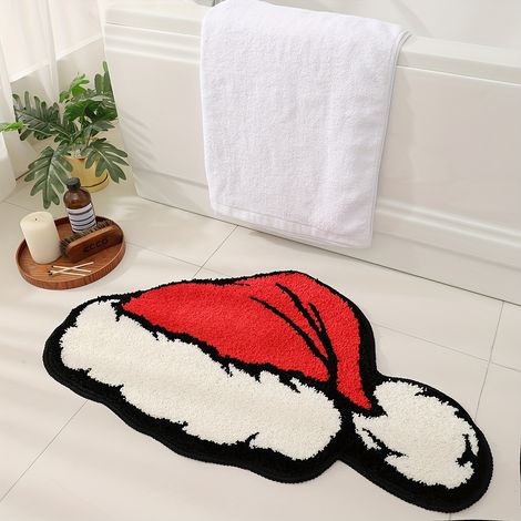 Chapeau de Père Noël de Noël amusant et mignon, tapis de salle de bain rouge, tapis de porte (1/5)
