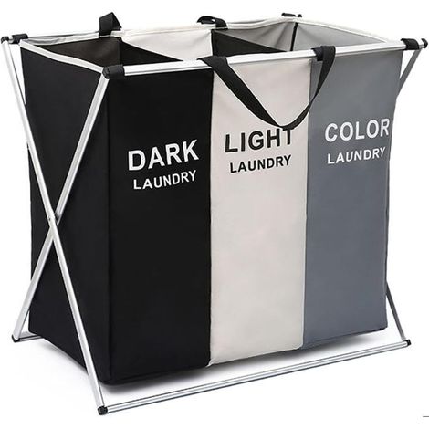 Dreifach faltbarer Wäschekorb mit 3 herausnehmbaren Taschen (155 l) 68 x 38 x 60 cm (Grau, Weiß, Schwarz) (1/4)
