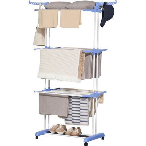 Séchoir étendoir à linge sur roulette pliable ailes latérales intérieure et extérieure 73 x 64 x 177 cm bleu argent (1/5)
