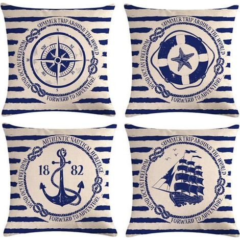 Set di 4 federe per cuscini a forma di vela con motivo a bussola, federe decorative in cotone e lino, 45 x 45 cm (1/4)