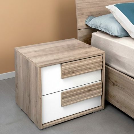 Comodino Selva 2 Cassetti Olmo e Bianco Lucido – Eleganza Naturale Moderna