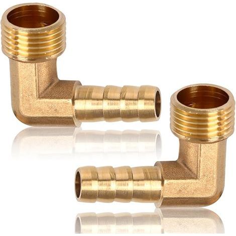 Lot de 2 raccords de tuyau coudés en laiton à 90° - Filetage extérieur 1/2" vers raccord Barb de 10 mm - Convient pour eau potable - Raccords sanitaires - Accessoires pour tuyau d'arrosage (1/5)