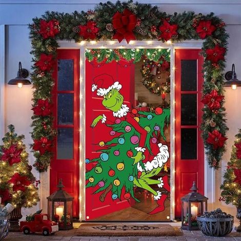Couverture de porte de Noël, bannière de décoration de porte de Noël, décoration de porte amusante, bannière de Noël en tissu à suspendre pour fête de Noël, intérieur et extérieur (1/5)