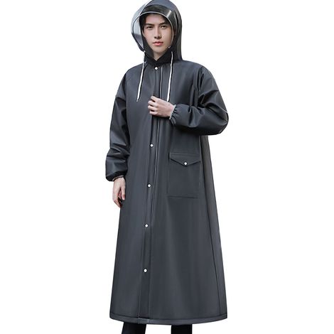 EVA-Regenmantel, schlicht, mit breiter Krempe, schwarz, mit glattem Reißverschluss, großer Tasche und Druckknopfverschluss, ideal für Reisen, Ausflüge und Camping, XL (1/5)