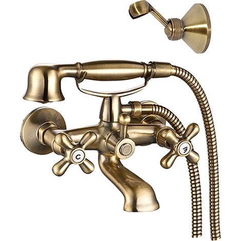 Edouard Rousseau – Mélangeur bain-douche rétro vieux bronze – Douchette 1 jet pluie – Flexible 1,50 m laiton – Support mural inclus – Entraxe 150 mm