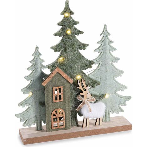 Decoro di Natale a paesaggio in legno e panno con alberi, casetta, renna in eco fur e LED, set da 2 pezzi, cm 23,5 x 5 x 26 H
