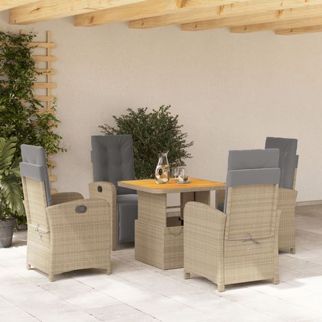 Ensemble de Jardin 5 Places avec Table Relevable et Coussins Gris – Fauteuils en Polyrotin Beige et Table en Acacia – Dimensions 80x80 cm (1/5)