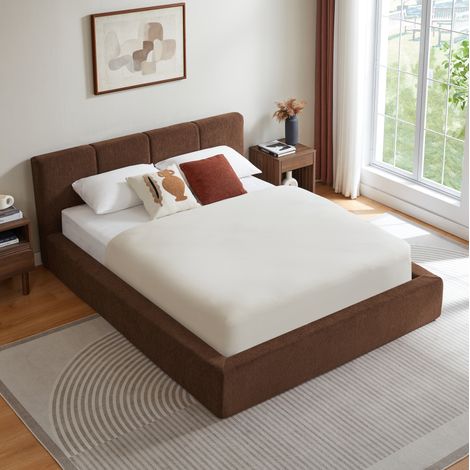 Lit double 140x200 cm avec tête de lit rembourrée en mousse, cadre renforcé pour une bonne stabilité, montage facile, coloris marron, matelas non inclus – CHICFURN (1/5)