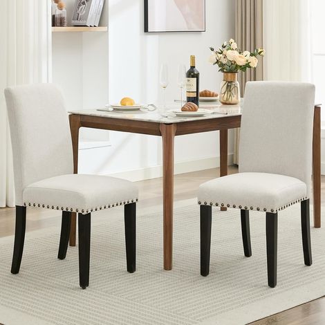 Lot de 2 chaises salle à manger style parsons tissu lin dossier ergonomique clous décoratifs pieds robustes (1/5)