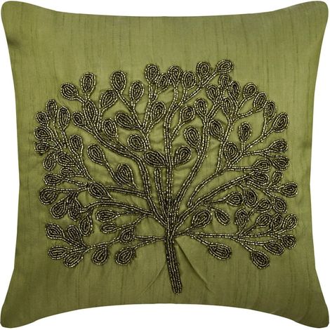 Funda de almohada verde, cuadrada de seda de 35,5 x 35,5 cm, decorada con motivos florales tropicales y de árboles bordados con cuentas.