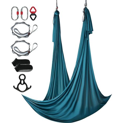 Voile aérienne en soie & balançoire yoga, 11 yards, kit hamac aérien avec tissu nylon 100gsm, kit de fixation complet et guide d'installation facile, antigravité pour fitness et musculation, vert. (1/5)