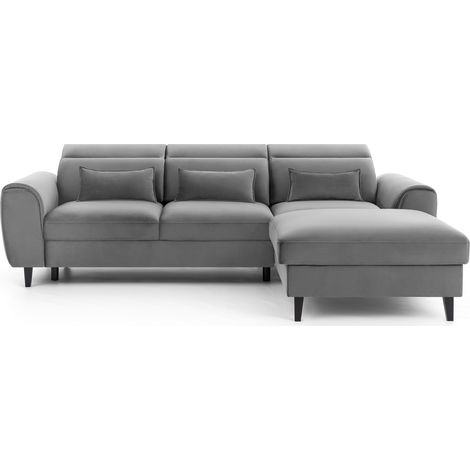 Canapé d’angle convertible ASTORIA en velours avec coffre, têtières réglables et pieds en bois noir – 267cm angle droit-Gris clair-angle droit (1/5)